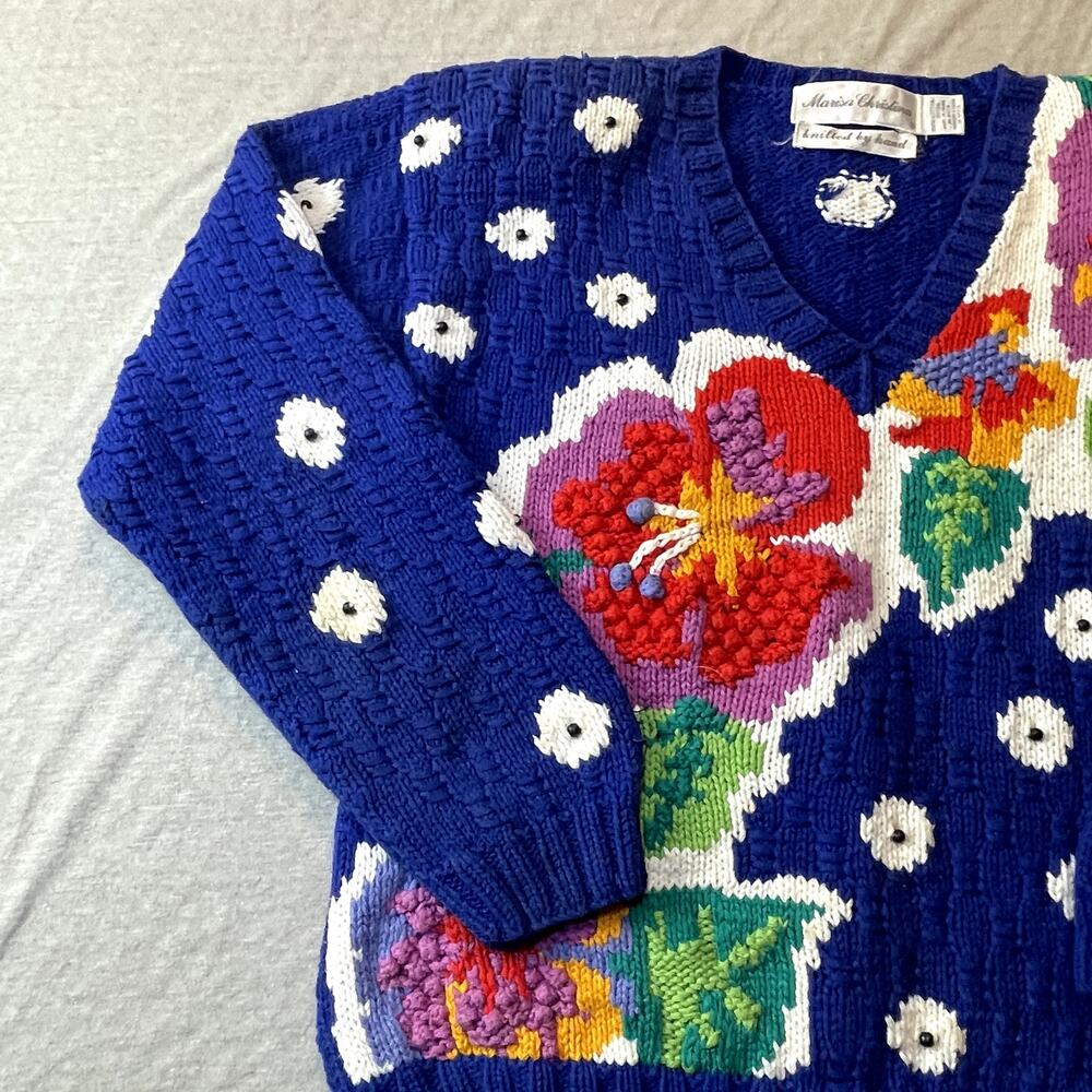 Marisa Christina Hand Knitted Floral Polka Dotted Kitschy Flower Sweater S - Picture 3 of 9